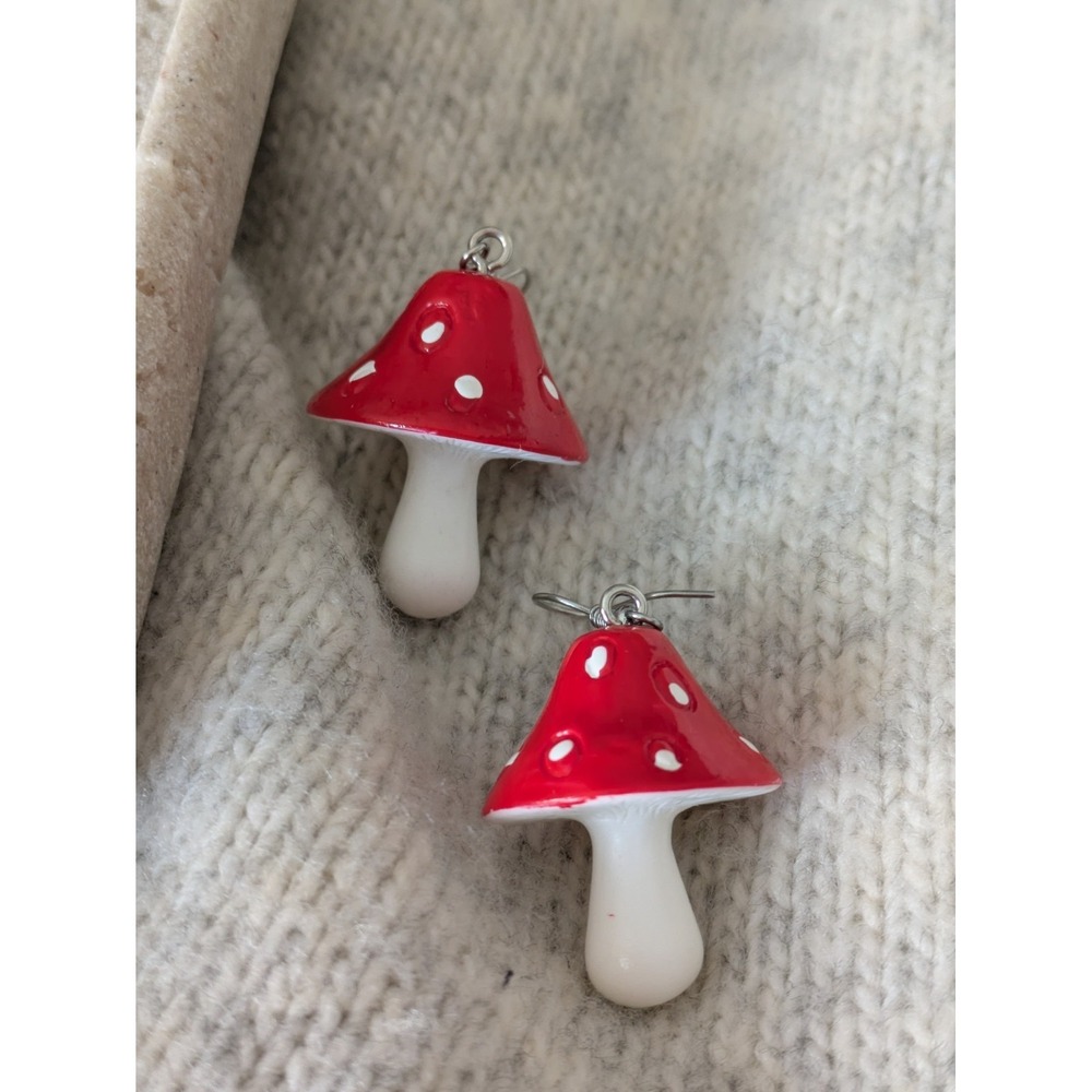 Mushroom Dangle Earrings In Red & White Woodland‎ Fairy Artsy Novelty Cottage